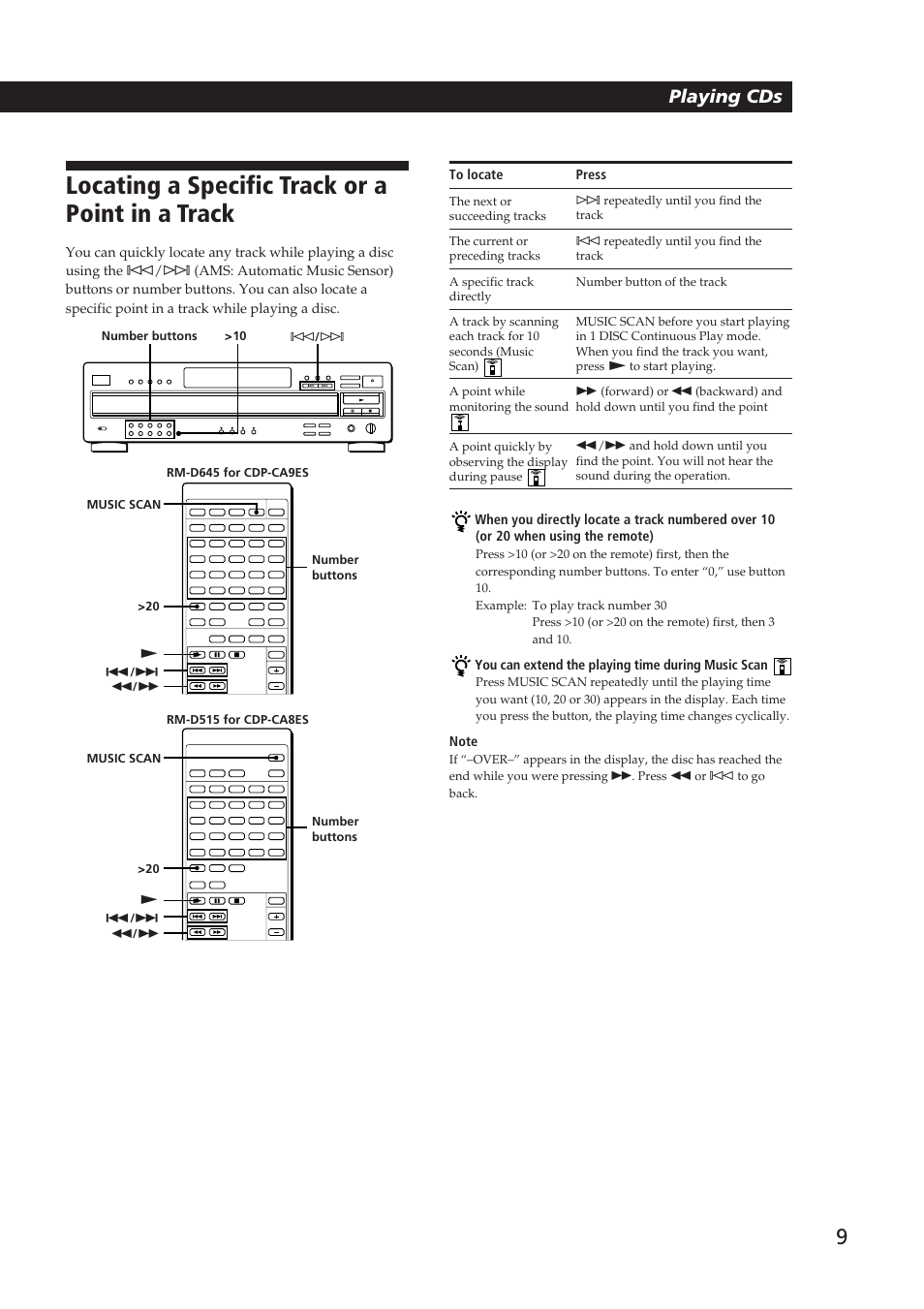 Locating a specific track or a point in a track, Playing cds | Sony CDP-CA9ES User Manual | Page 9 / 20