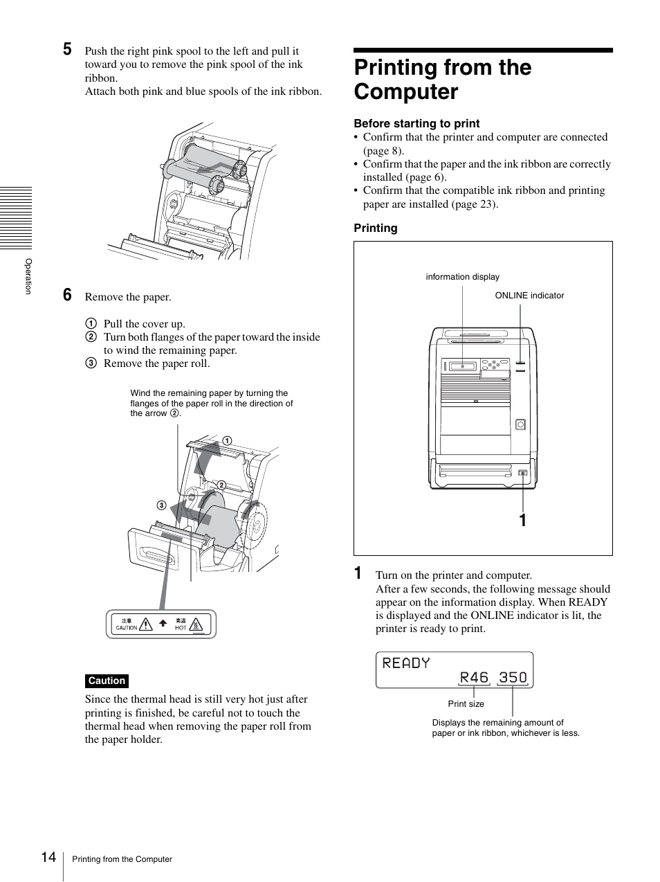 Printing from the computer, Ay (14, Cator (1 | Sony UP-DR100 User Manual | Page 14 / 28