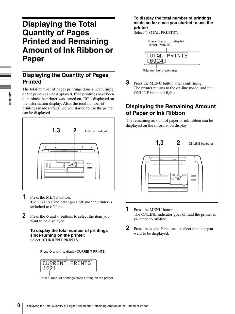 Ribbon, N (18), Displaying the quantity of pages printed | Sony UP-DR100 User Manual | Page 18 / 28