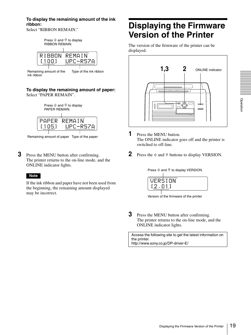 Displaying the firmware version of the printer | Sony UP-DR100 User Manual | Page 19 / 28