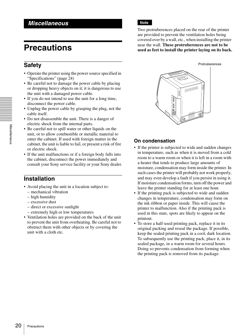 Miscellaneous, Precautions, Safety | Installation, Safety installation | Sony UP-DR100 User Manual | Page 20 / 28