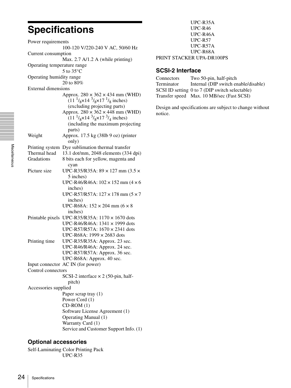 Specifications, Optional accessories, Scsi-2 interface | Sony UP-DR100 User Manual | Page 24 / 28