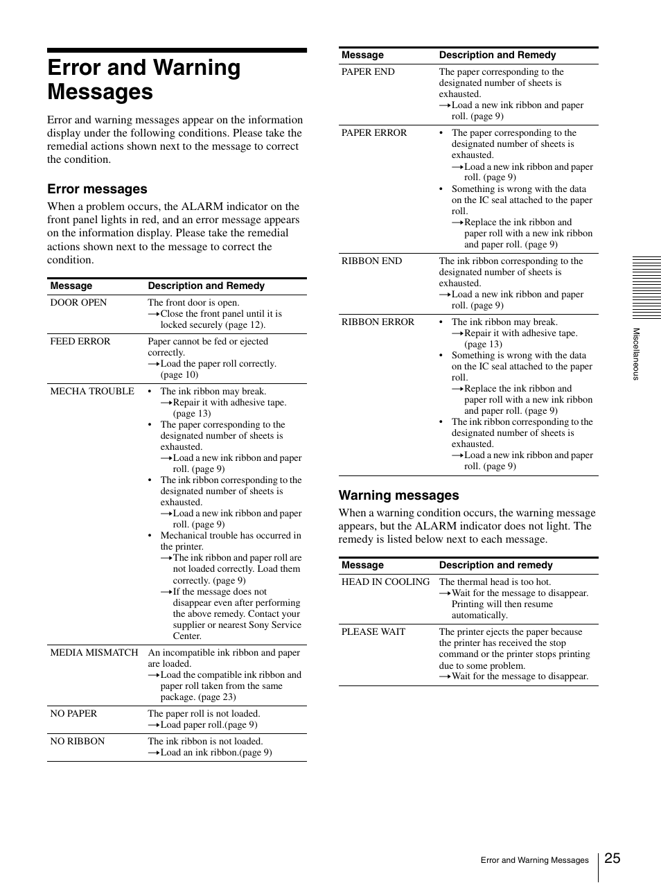 Error and warning messages, Tor (25), Error messages | Warning messages | Sony UP-DR100 User Manual | Page 25 / 28