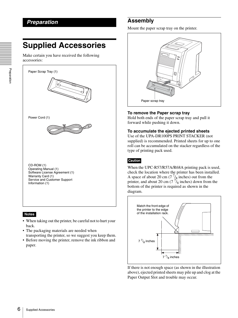 Preparation, Supplied accessories, Assembly | Tray (6) | Sony UP-DR100 User Manual | Page 6 / 28