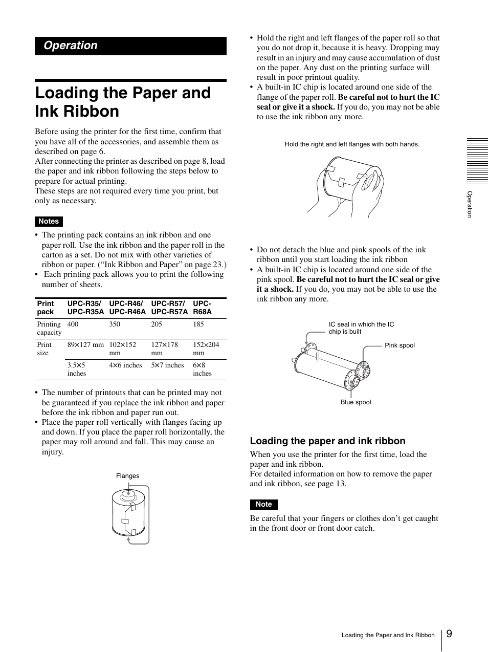 Operation, Loading the paper and ink ribbon | Sony UP-DR100 User Manual | Page 9 / 28