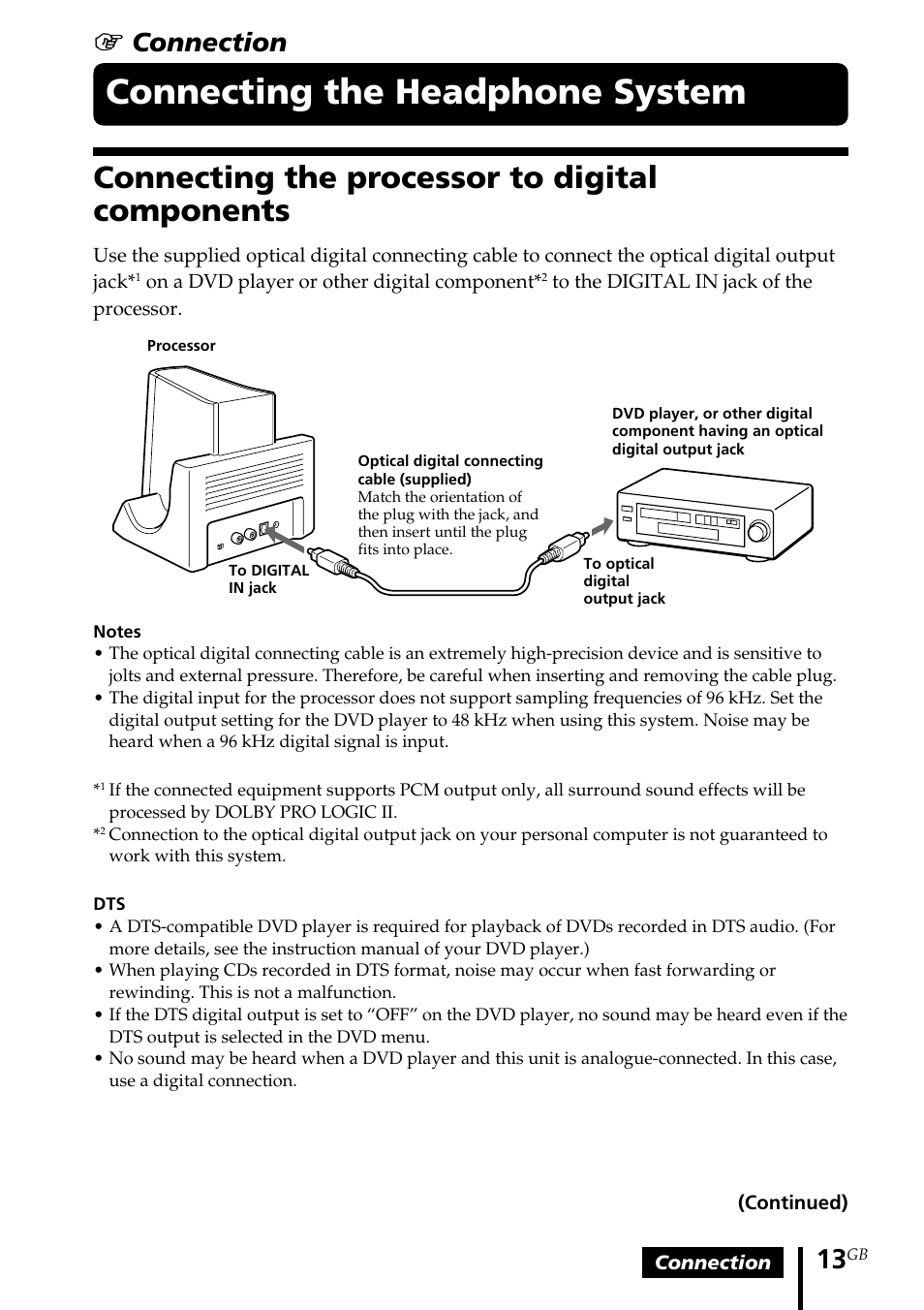 Connecting the headphone system, Connecting the processor to digital components, Connecting the headphone | System, Connecting the processor to, Digital components, 1 connection | Sony MDR DS3000 User Manual | Page 13 / 108