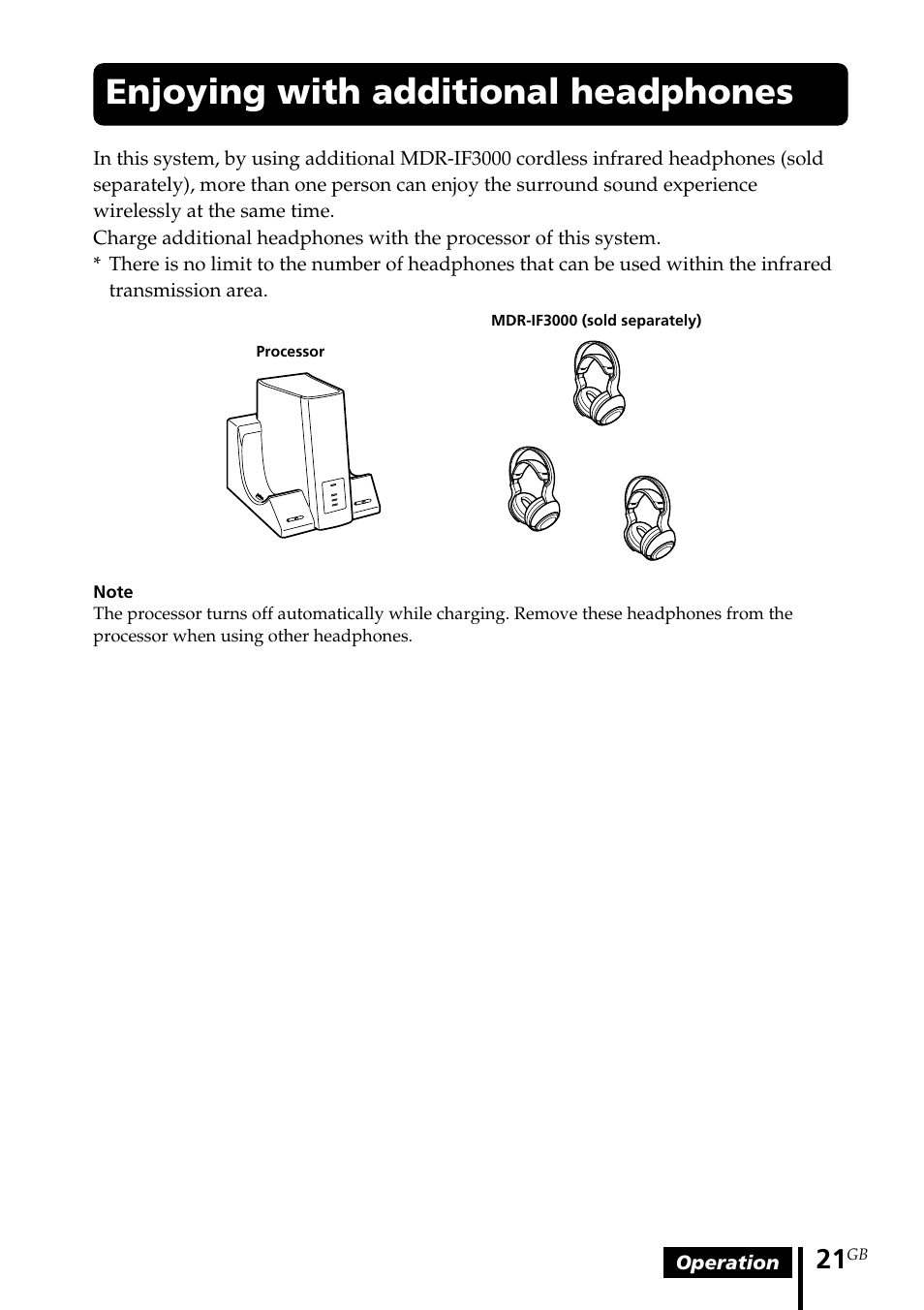 Enjoying with additional headphones | Sony MDR DS3000 User Manual | Page 21 / 108