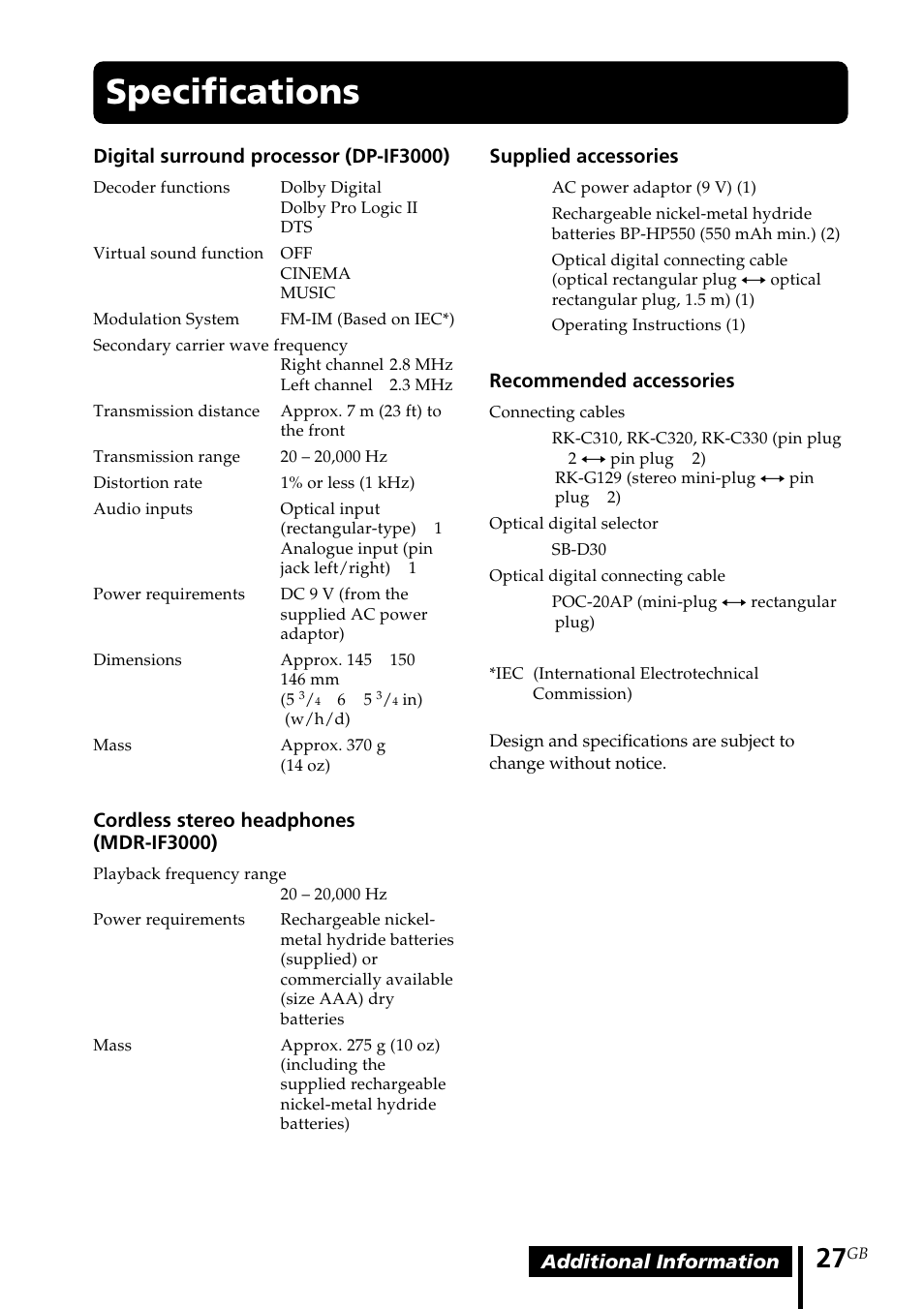 Specifications | Sony MDR DS3000 User Manual | Page 27 / 108