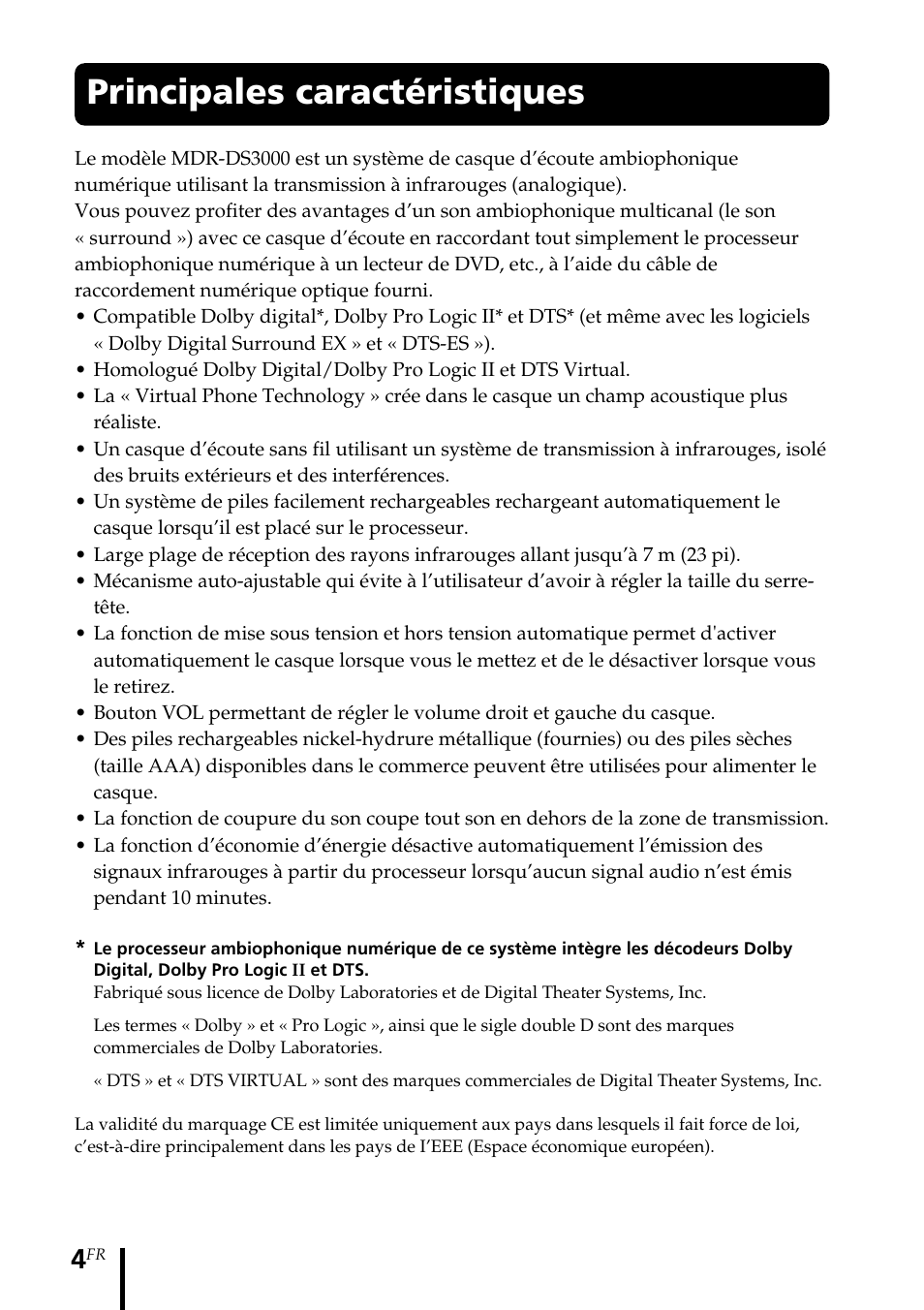 Principales caractéristiques | Sony MDR DS3000 User Manual | Page 30 / 108