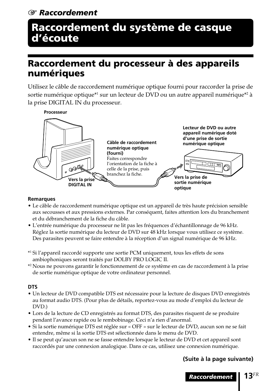 Raccordement du système casque d’écoute, Raccordement du processeur à appareils numériques, Raccordement du système de | Casque d’écoute, Raccordement du processeur à des, Appareils numériques, Raccordement du système de casque d’écoute, 1 raccordement | Sony MDR DS3000 User Manual | Page 39 / 108