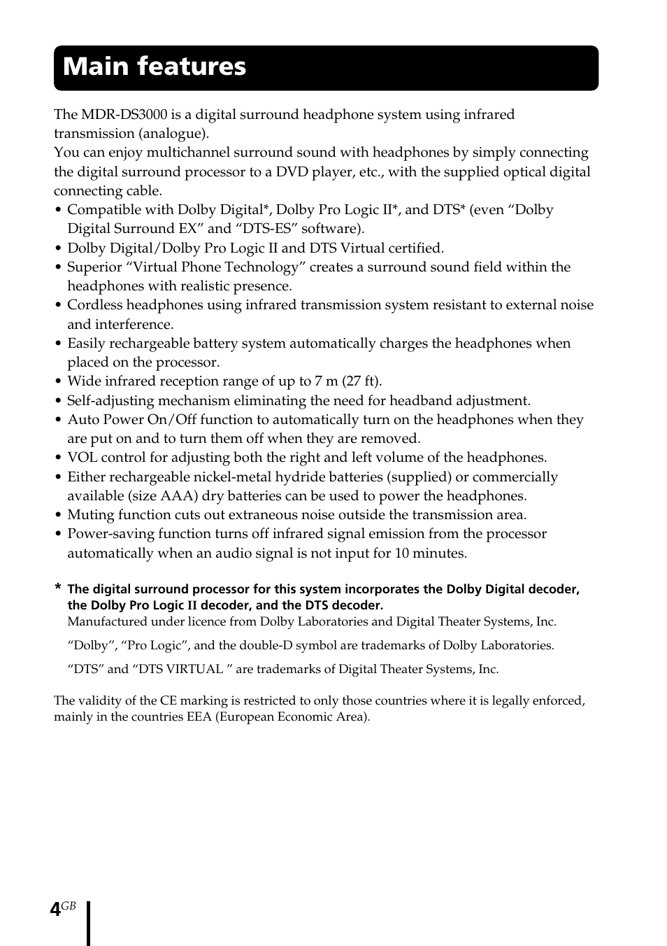 Main features | Sony MDR DS3000 User Manual | Page 4 / 108