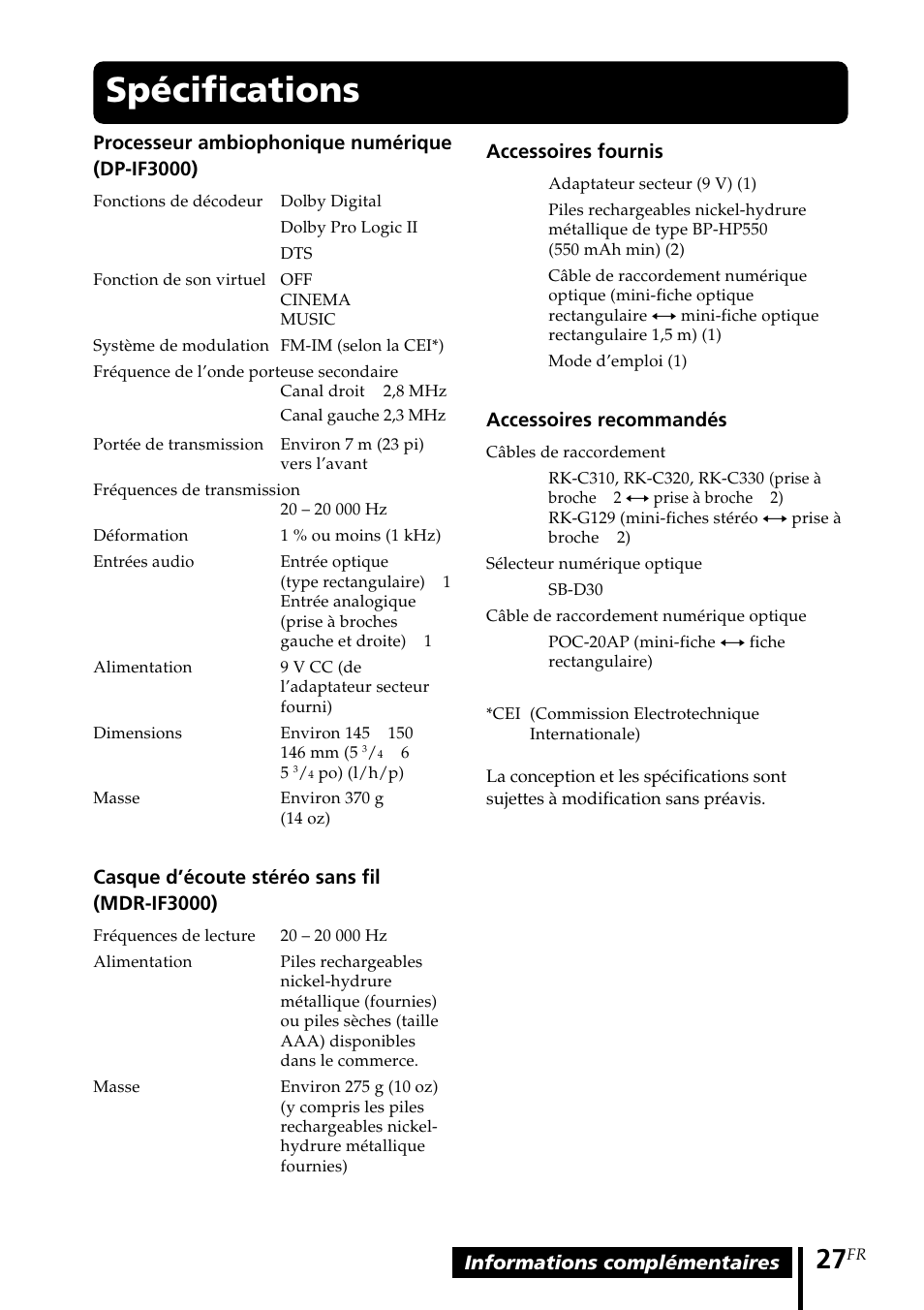 Spécifications, Caractéristiques techniques | Sony MDR DS3000 User Manual | Page 53 / 108