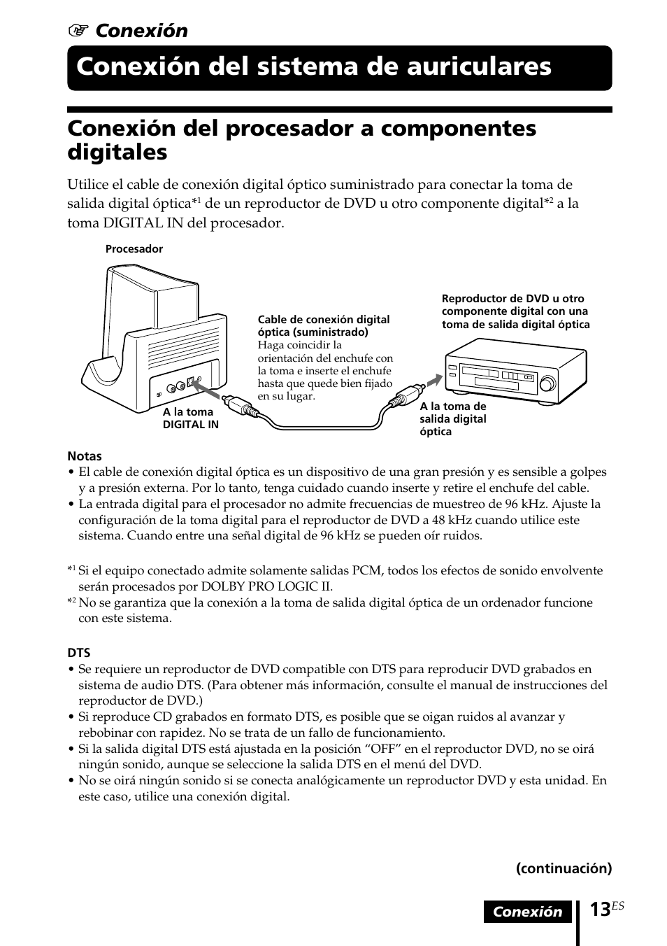 Conexión del sistema de auriculares, Conexión del procesador a componentes digitales, Conexión del sistema de | Auriculares, Conexión del procesador a, Componentes digitales, 1 conexión | Sony MDR DS3000 User Manual | Page 65 / 108
