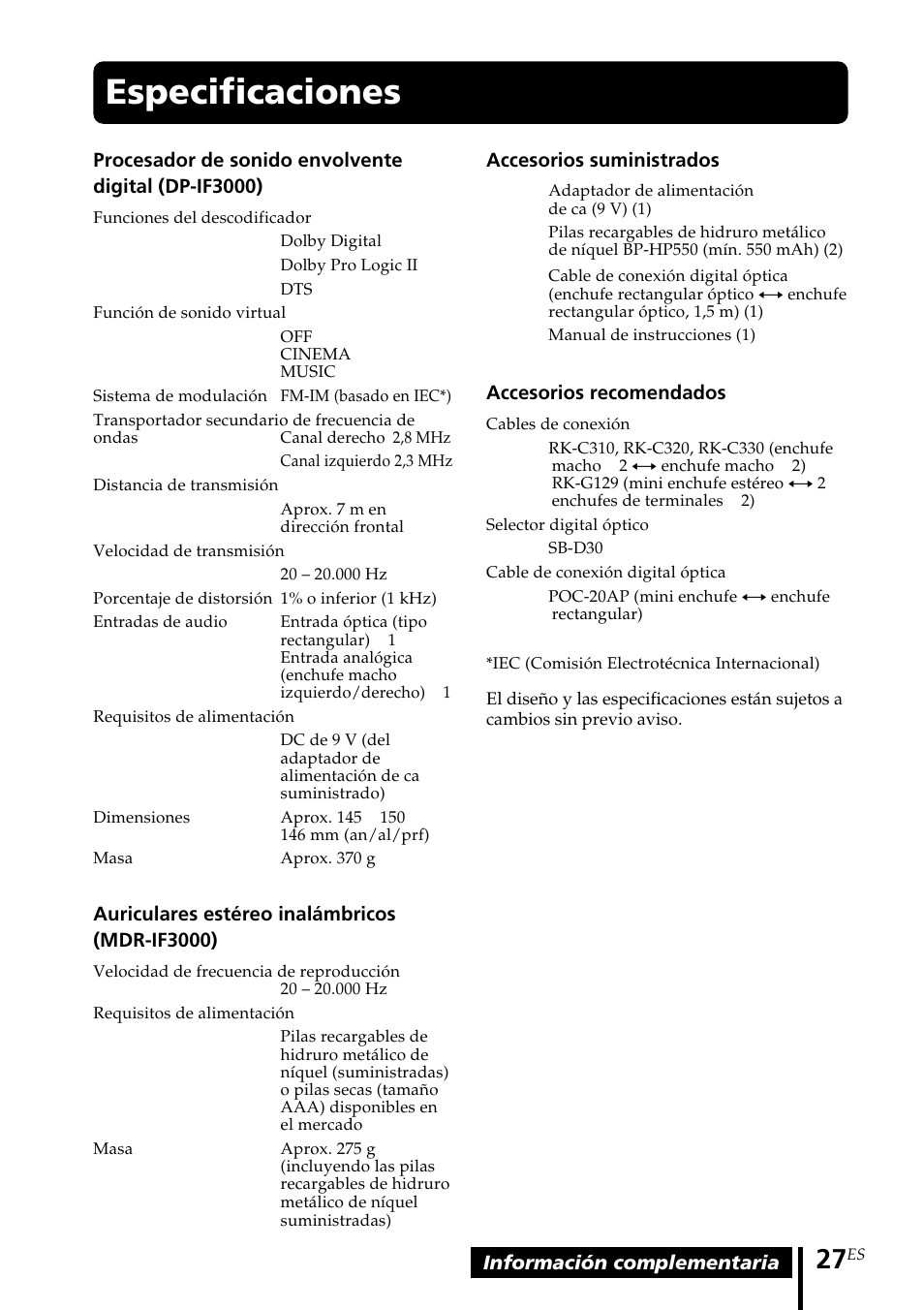 Especificaciones | Sony MDR DS3000 User Manual | Page 79 / 108