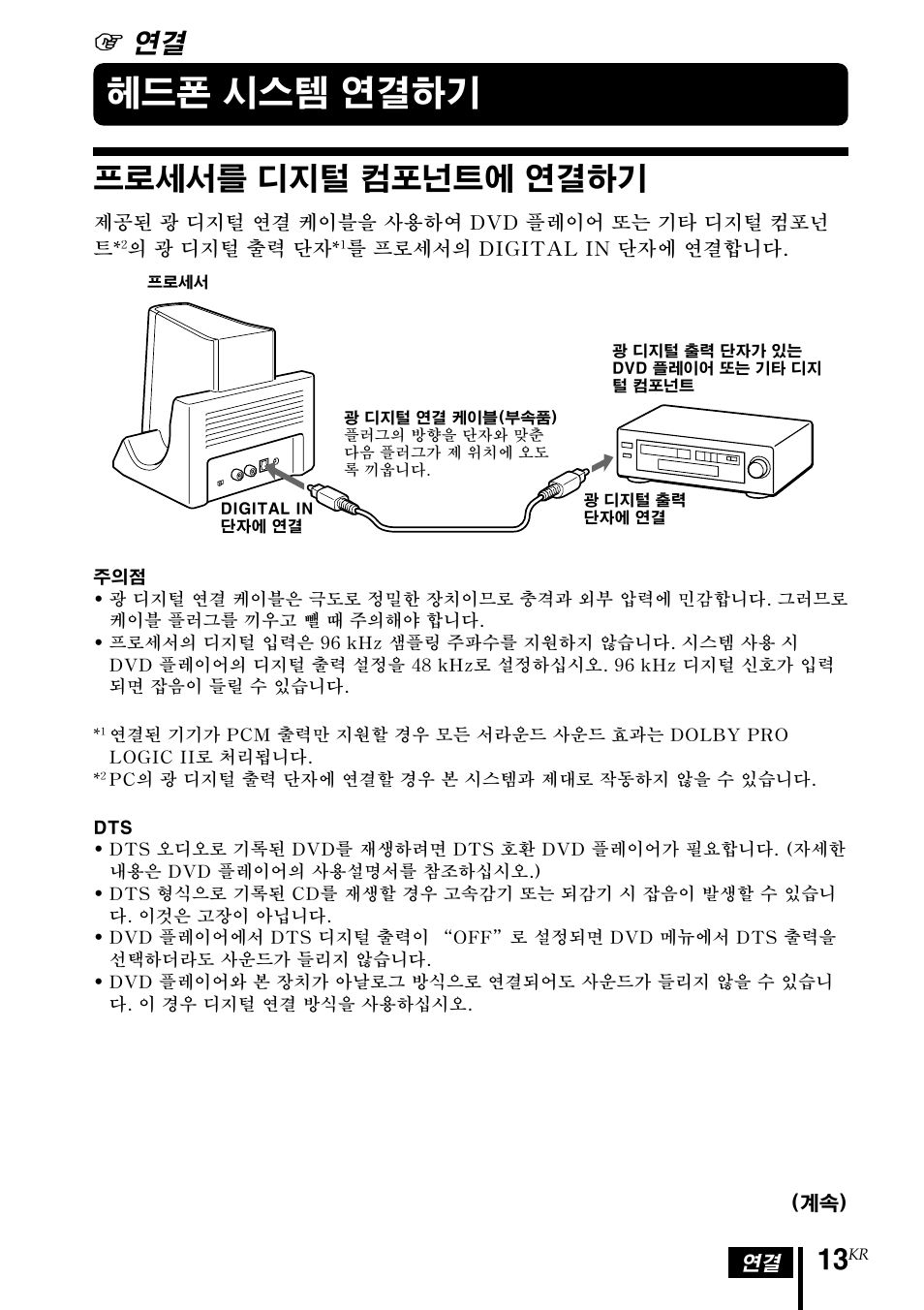 헤드폰 시스템 연결하기, 프로세서를 디지털 컴포넌트에 연결하기, 프로세서를 디지털 컴포넌트에 | 연결하기, 1 연결 | Sony MDR DS3000 User Manual | Page 91 / 108