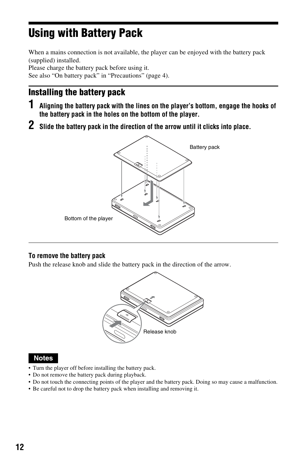 Using with battery pack, Installing the battery pack | Sony DVP-FX850 User Manual | Page 12 / 52