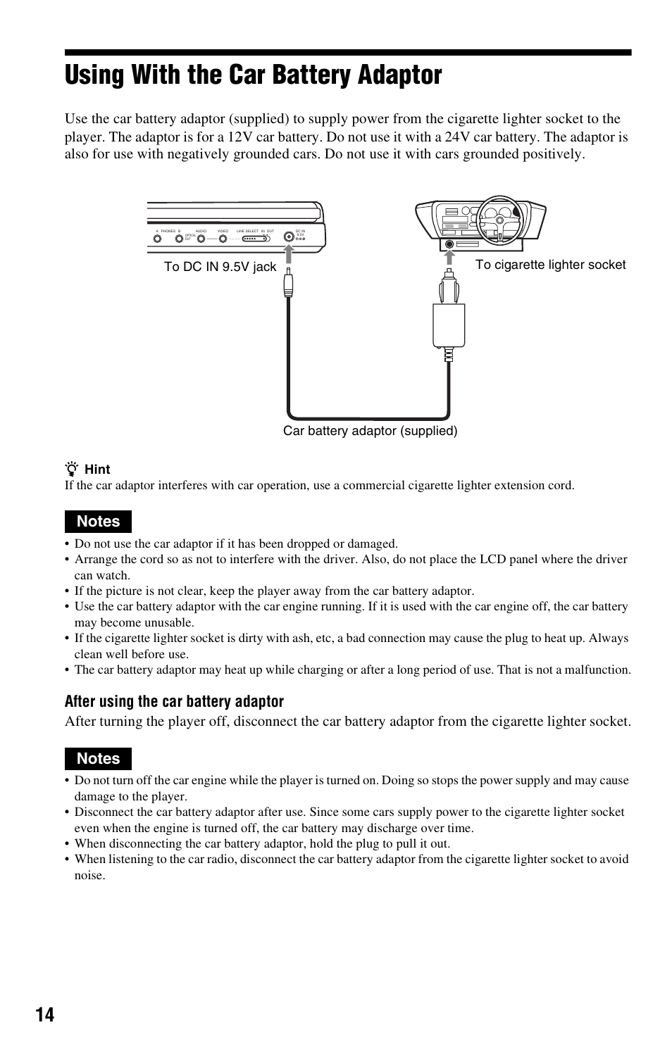 Using with the car battery adaptor, After using the car battery adaptor | Sony DVP-FX850 User Manual | Page 14 / 52