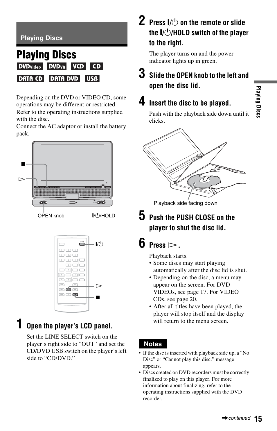 Playing discs, Open the player’s lcd panel, Insert the disc to be played | Press h | Sony DVP-FX850 User Manual | Page 15 / 52