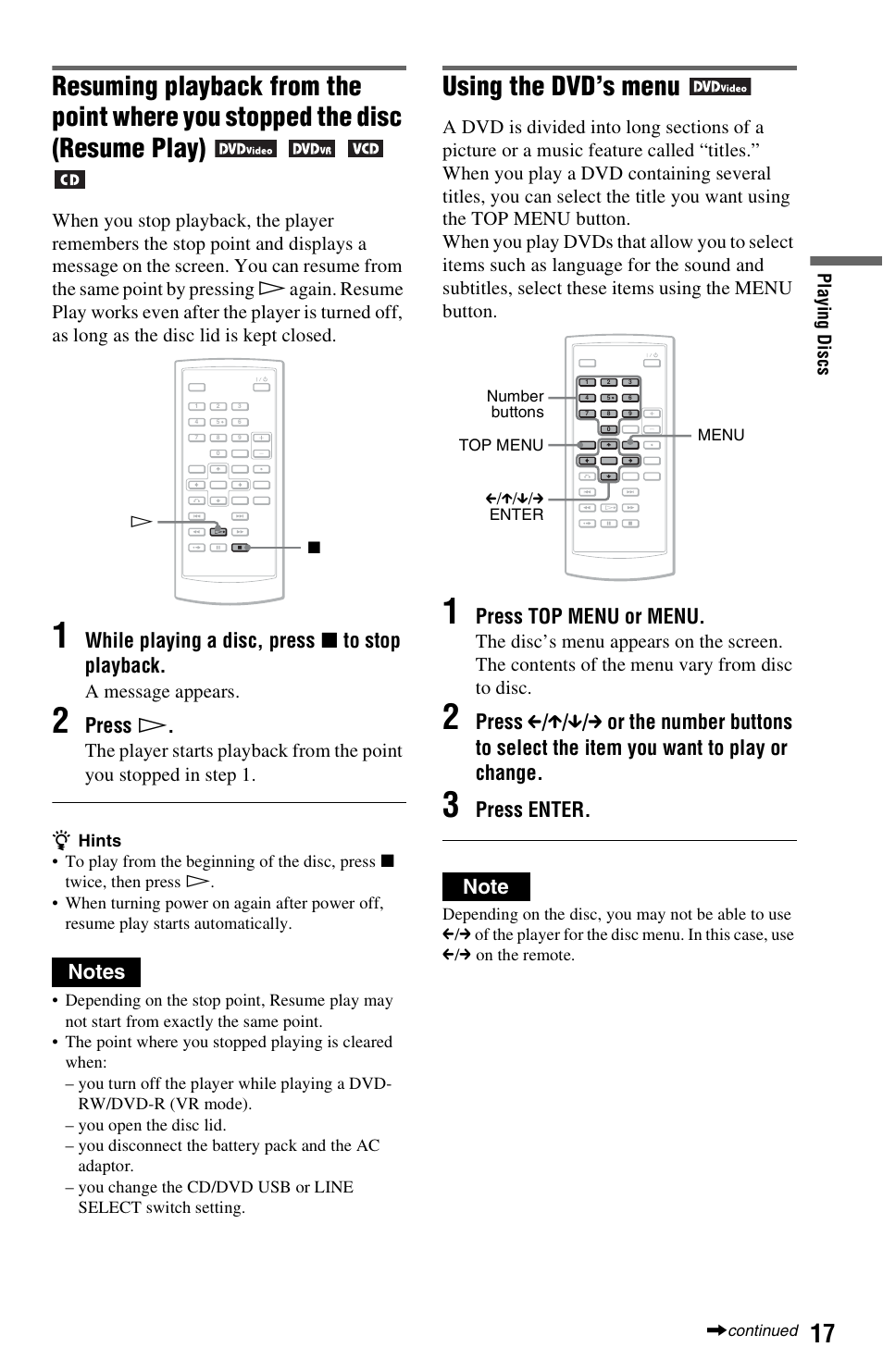 Using the dvd’s menu, While playing a disc, press x to stop playback, Press h | Press top menu or menu | Sony DVP-FX850 User Manual | Page 17 / 52