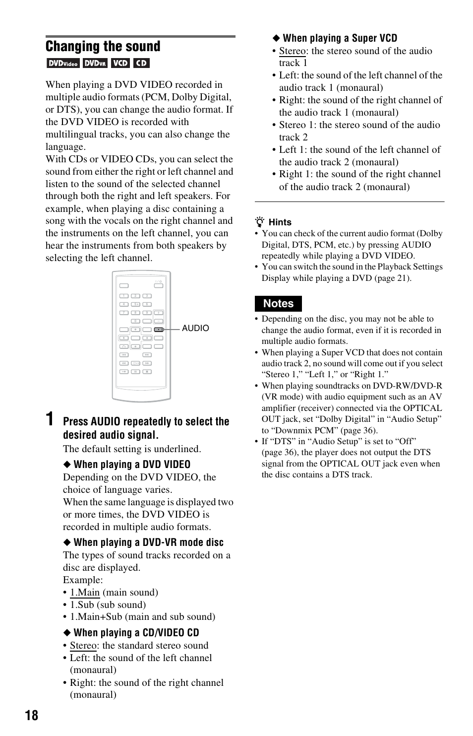 Changing the sound, Press | Sony DVP-FX850 User Manual | Page 18 / 52