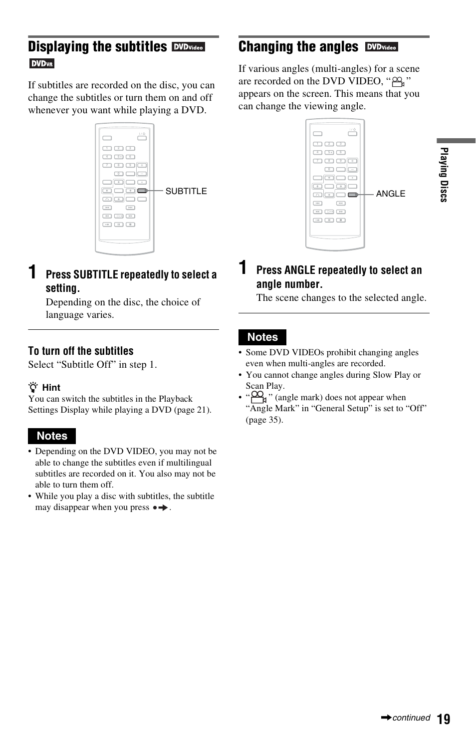 Displaying the subtitles, Changing the angles, Press subtitle repeatedly to select a setting | Press, Angle repeatedly to select an angle number, Select “subtitle off” in step 1, The scene changes to the selected angle | Sony DVP-FX850 User Manual | Page 19 / 52