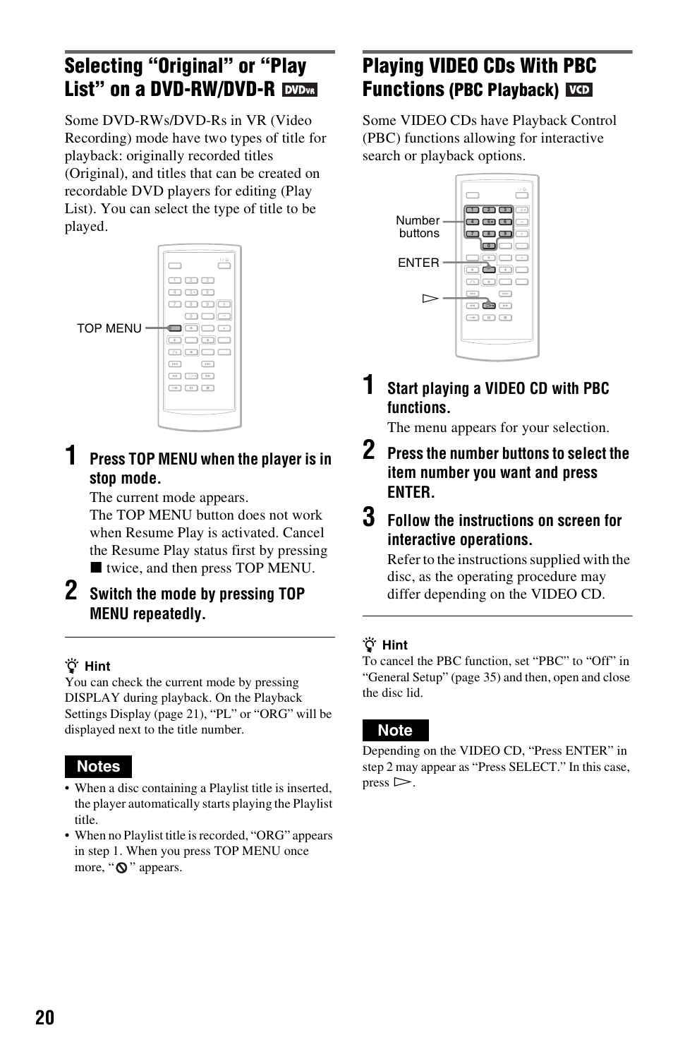 Playing video cds with pbc functions, Pbc playback), Press top menu when the player is in stop mode | Switch the mode by pressing top menu repeatedly, Start playing a video cd with pbc functions | Sony DVP-FX850 User Manual | Page 20 / 52