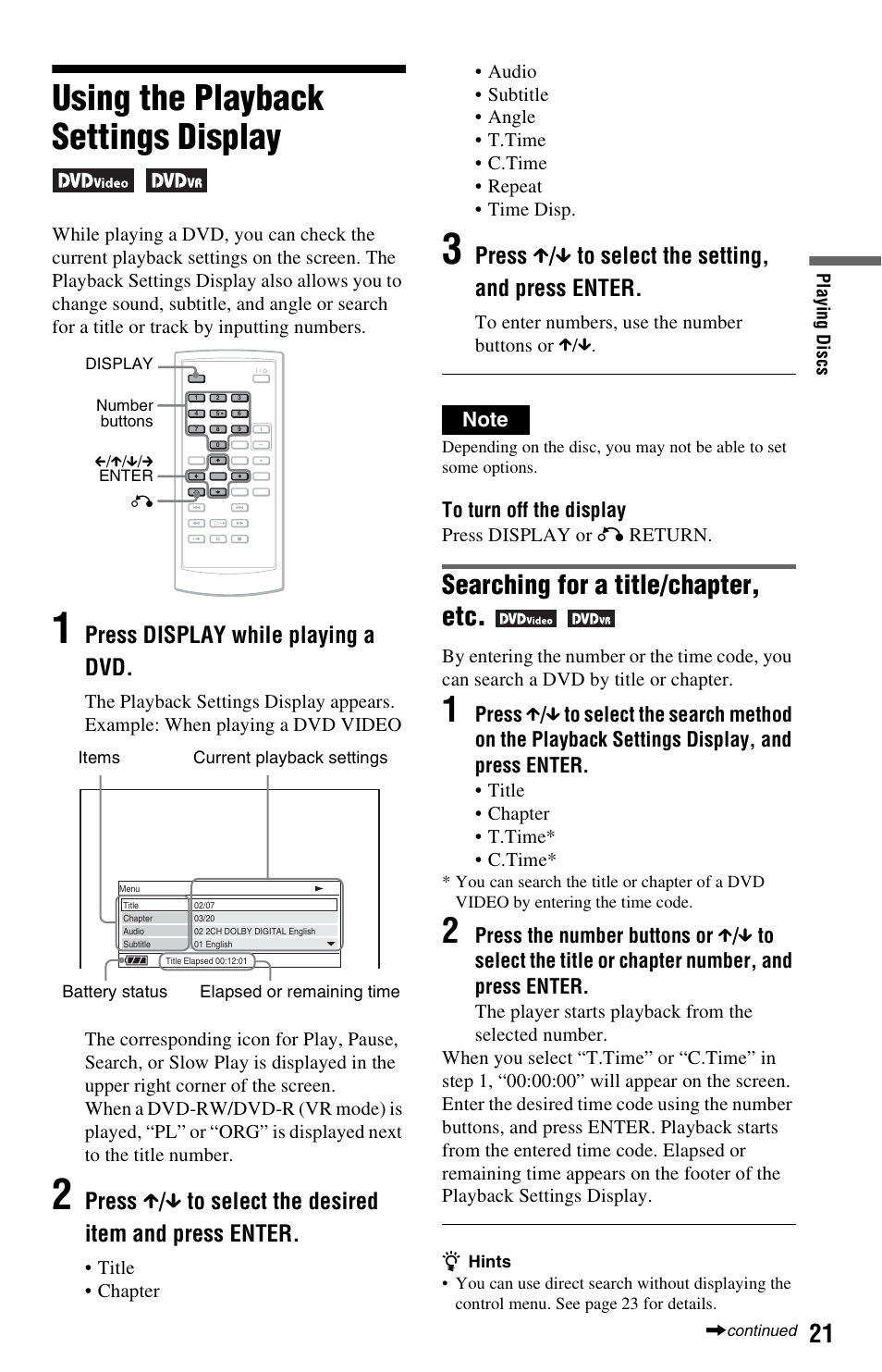 Using the playback settings display, Searching for a title/chapter, etc, Press display while playing a dvd | Press x / x to select the setting, and press enter | Sony DVP-FX850 User Manual | Page 21 / 52