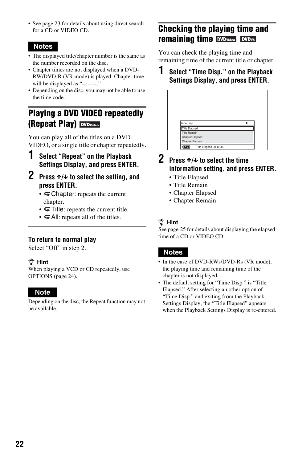 Playing a dvd video repeatedly (repeat play), Checking the playing time and remaining time | Sony DVP-FX850 User Manual | Page 22 / 52