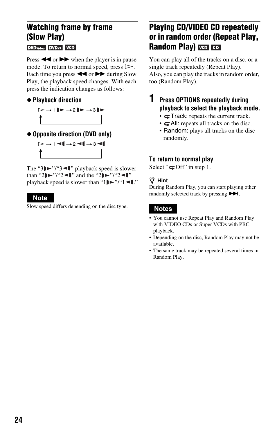 Watching frame by frame (slow play) | Sony DVP-FX850 User Manual | Page 24 / 52