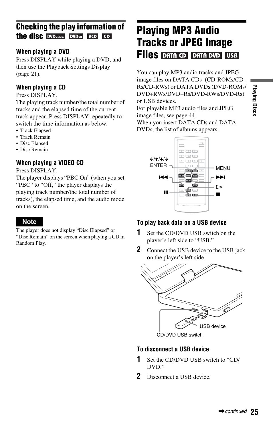 Playing mp3 audio tracks or jpeg image files, Checking the play information of the disc, When playing a dvd | When playing a cd, When playing a video cd | Sony DVP-FX850 User Manual | Page 25 / 52