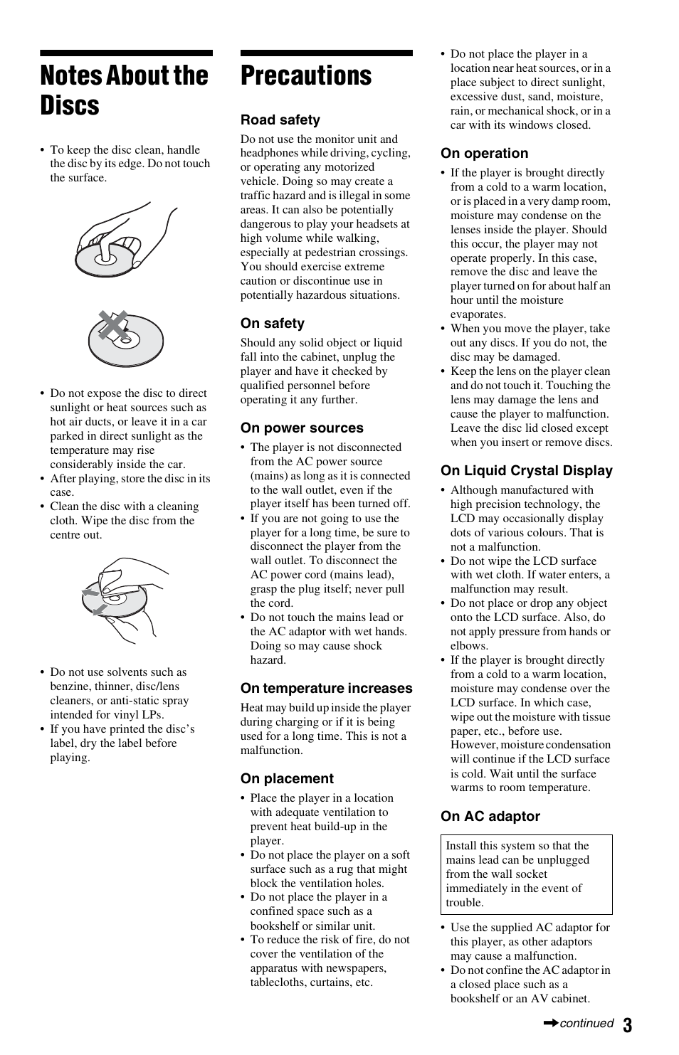 Notes about the discs, Precautions | Sony DVP-FX850 User Manual | Page 3 / 52