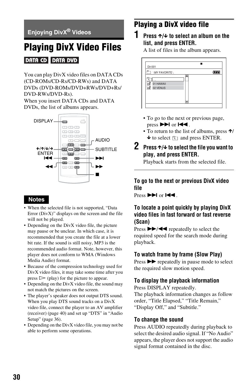 Enjoying divx® videos, Playing divx video files, Enjoying divx | Videos, Playing a divx video file | Sony DVP-FX850 User Manual | Page 30 / 52