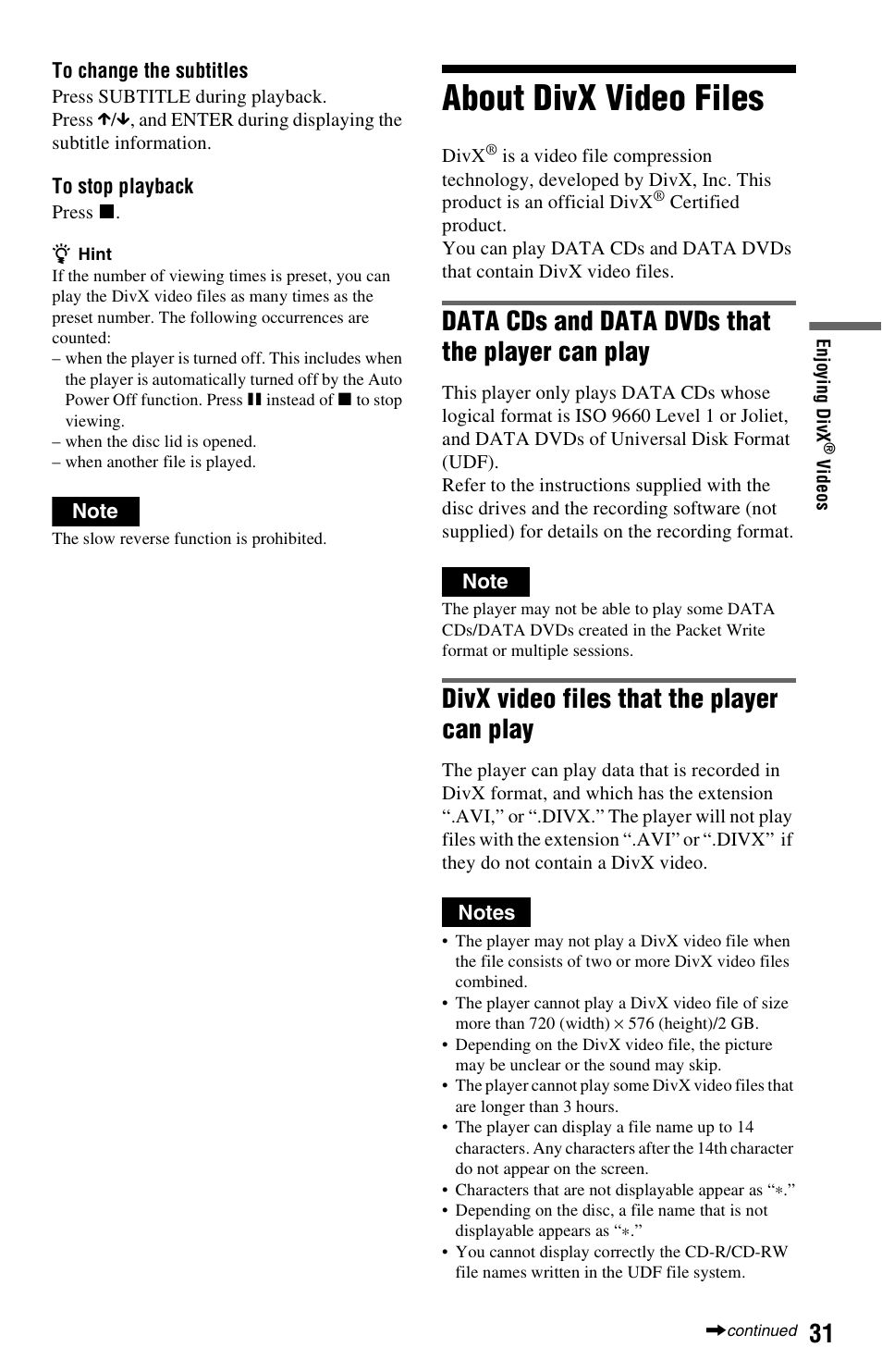 About divx video files, Data cds and data dvds that the player can play, Divx video files that the player can play | Sony DVP-FX850 User Manual | Page 31 / 52