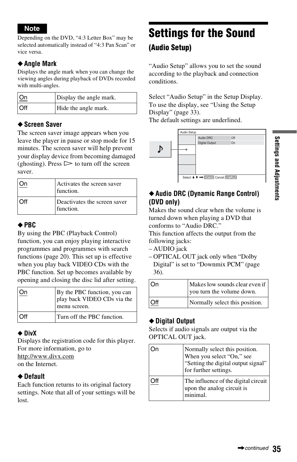 Settings for the sound (audio setup), Settings for the sound, Audio setup) | Angle mark, Screen saver, Default, Audio drc (dynamic range control) (dvd only), Digital output | Sony DVP-FX850 User Manual | Page 35 / 52