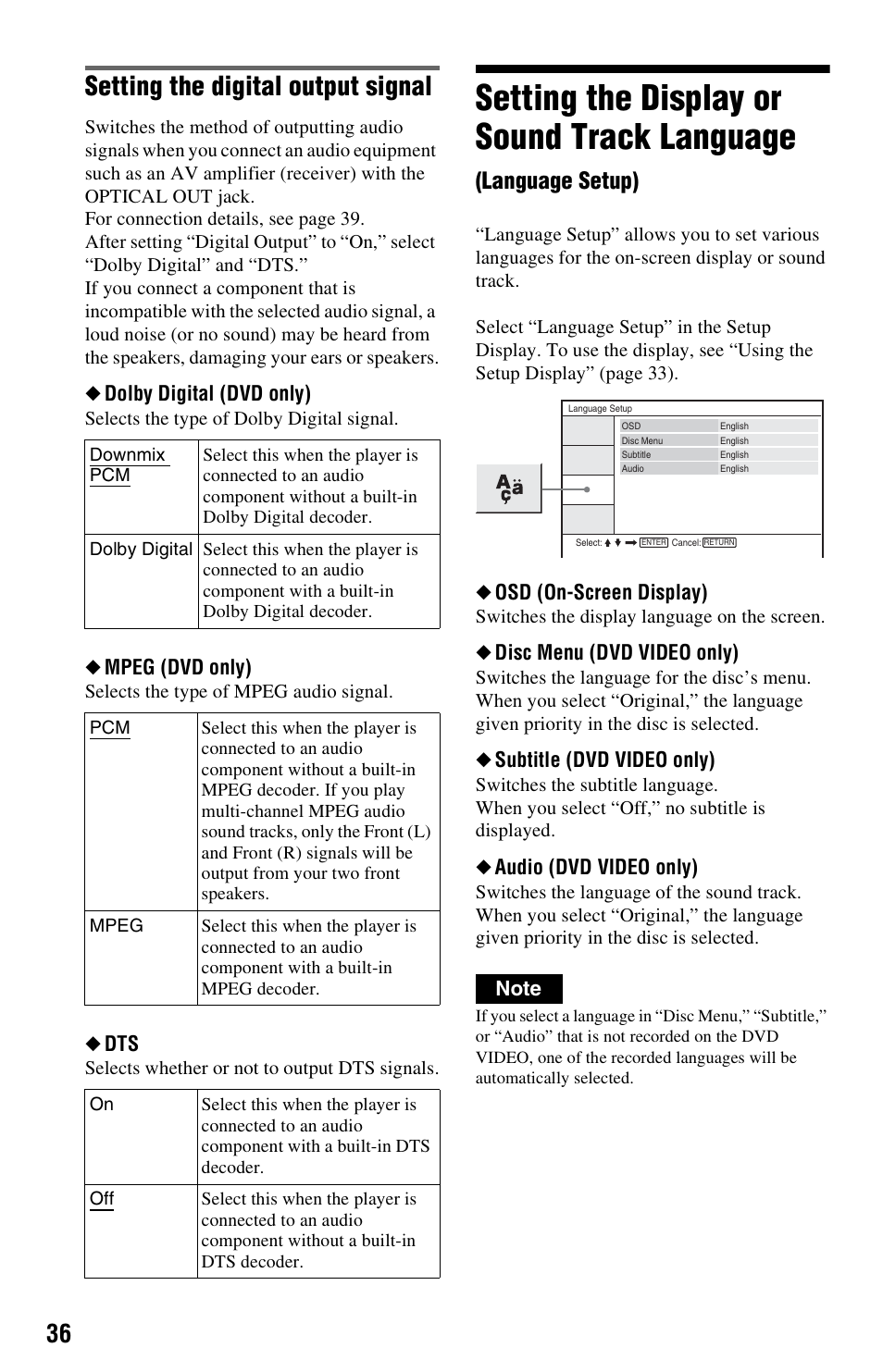 Setting the digital output signal, Setting the display or sound track language, Language setup) | Dolby digital (dvd only), Mpeg (dvd only), Osd (on-screen display), Disc menu (dvd video only), Subtitle (dvd video only), Audio (dvd video only) | Sony DVP-FX850 User Manual | Page 36 / 52