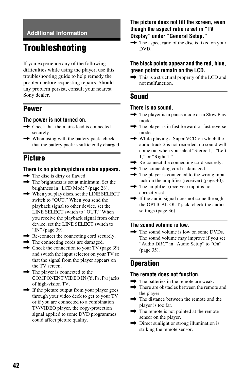 Additional information, Troubleshooting, Power | Picture, Sound, Operation | Sony DVP-FX850 User Manual | Page 42 / 52