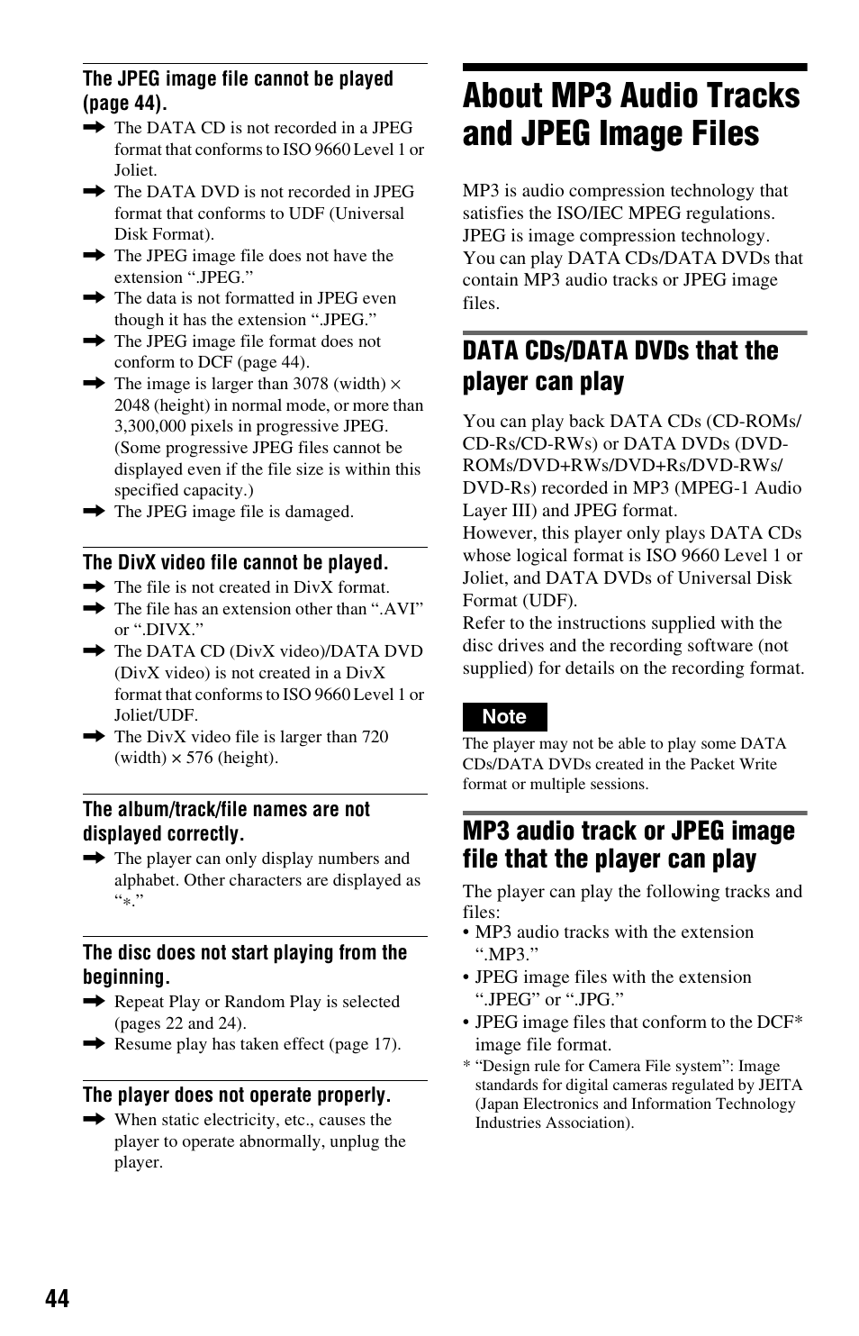 About mp3 audio tracks and jpeg image files, Data cds/data dvds that the player can play | Sony DVP-FX850 User Manual | Page 44 / 52