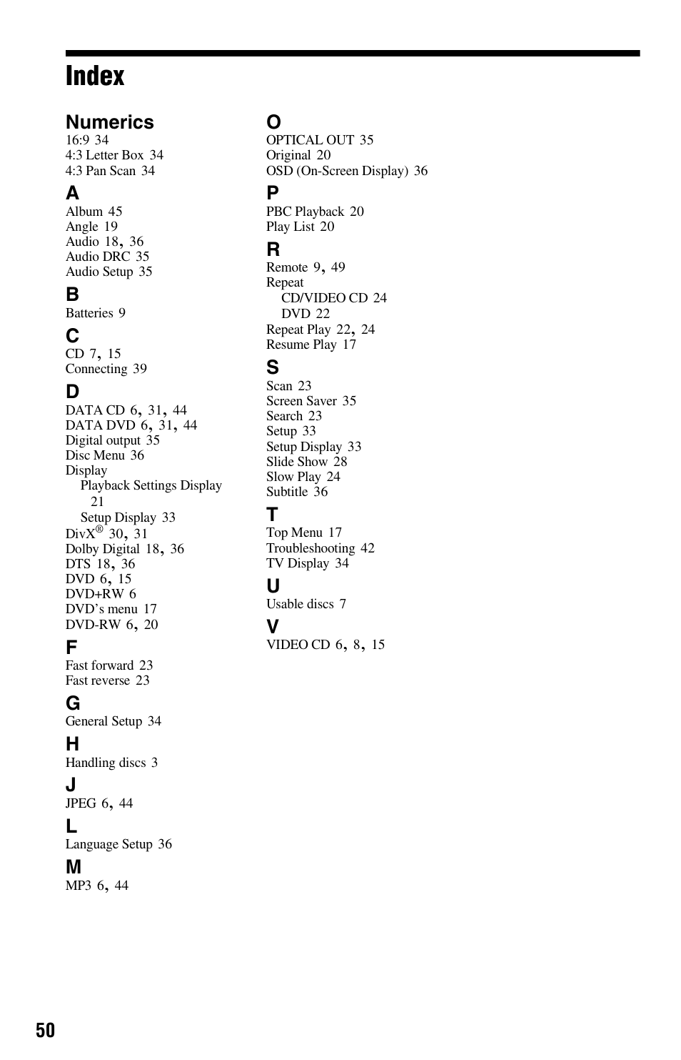 Index, Numerics | Sony DVP-FX850 User Manual | Page 50 / 52