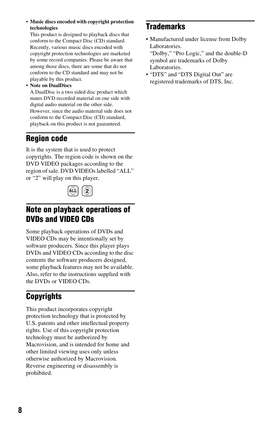 Region code, Copyrights, Trademarks | Sony DVP-FX850 User Manual | Page 8 / 52