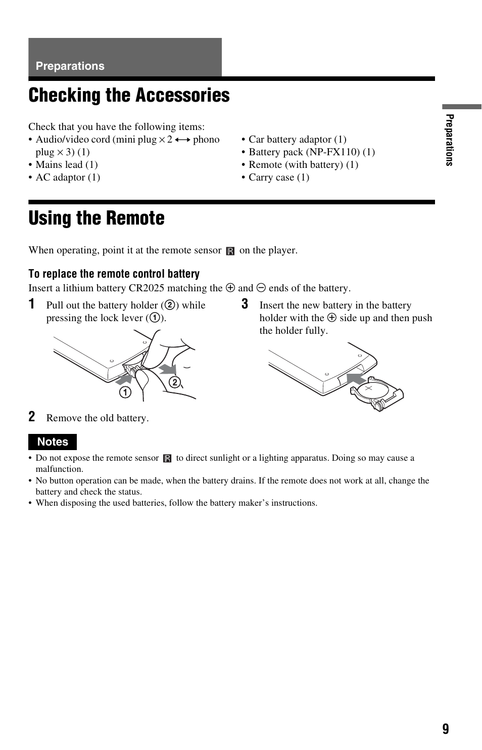 Preparations, Checking the accessories, Using the remote | Checking the accessories using the remote | Sony DVP-FX850 User Manual | Page 9 / 52