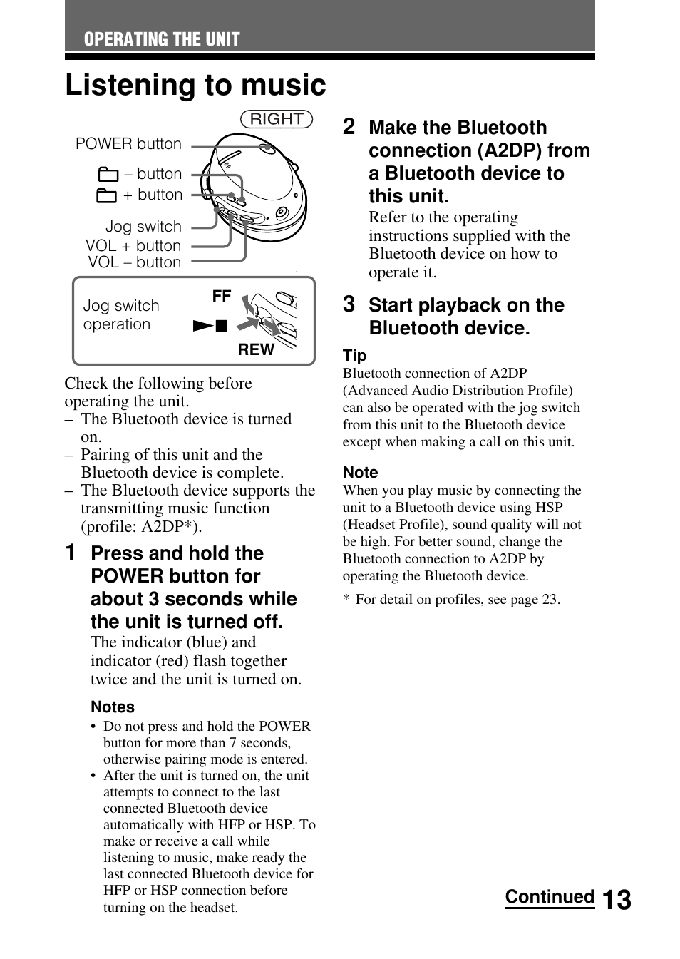 Listening to music | Sony DR-BT50 User Manual | Page 13 / 28