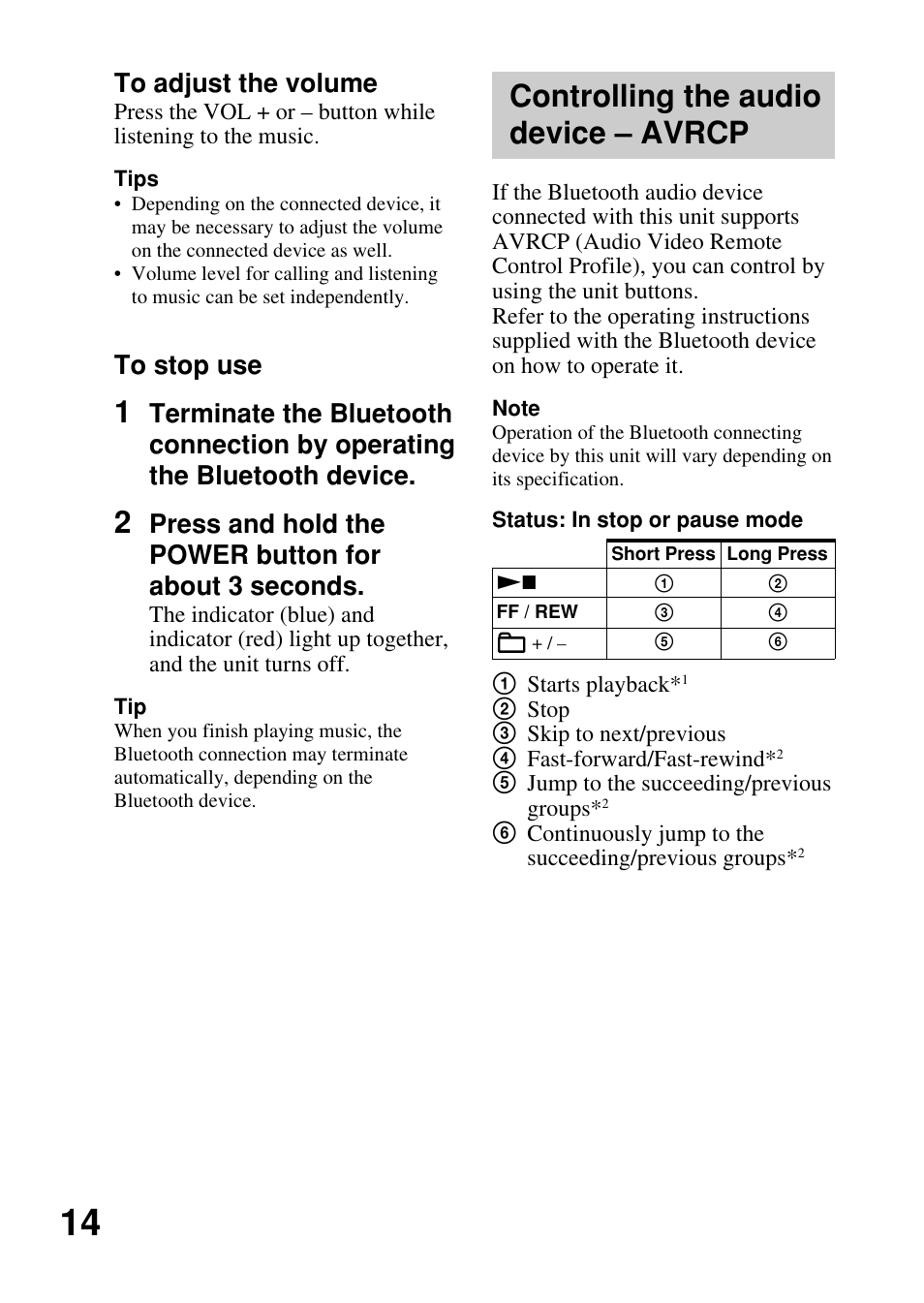 Controlling the audio device – avrcp, Controlling the audio, Device – avrcp | Sony DR-BT50 User Manual | Page 14 / 28