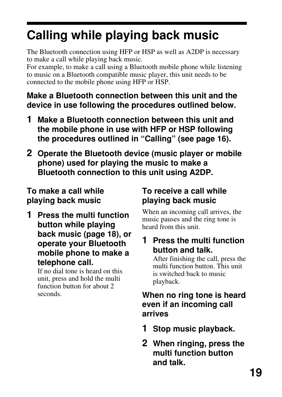 Calling while playing back music, Calling while playing, Back music | Sony DR-BT50 User Manual | Page 19 / 28