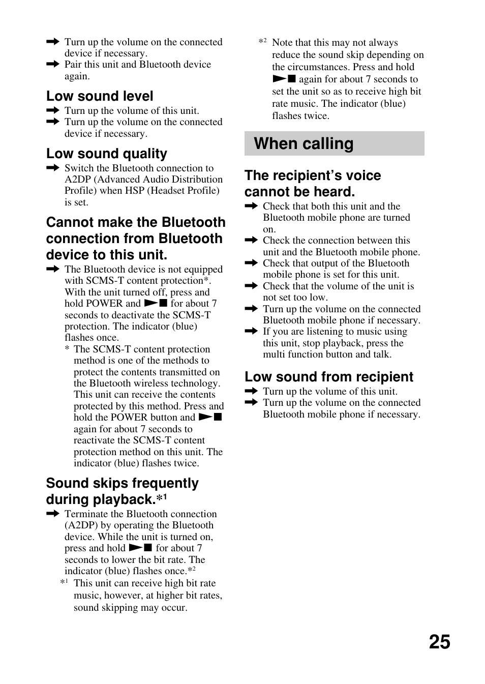 When calling, Low sound level, Low sound quality | Sound skips frequently during playback, The recipient’s voice cannot be heard, Low sound from recipient | Sony DR-BT50 User Manual | Page 25 / 28