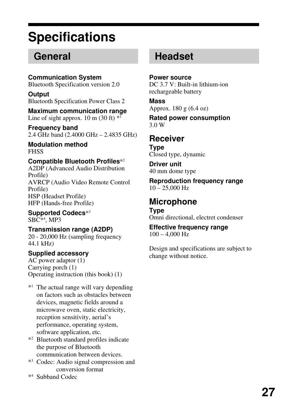 Specifications, General, Headset | Receiver, Microphone | Sony DR-BT50 User Manual | Page 27 / 28