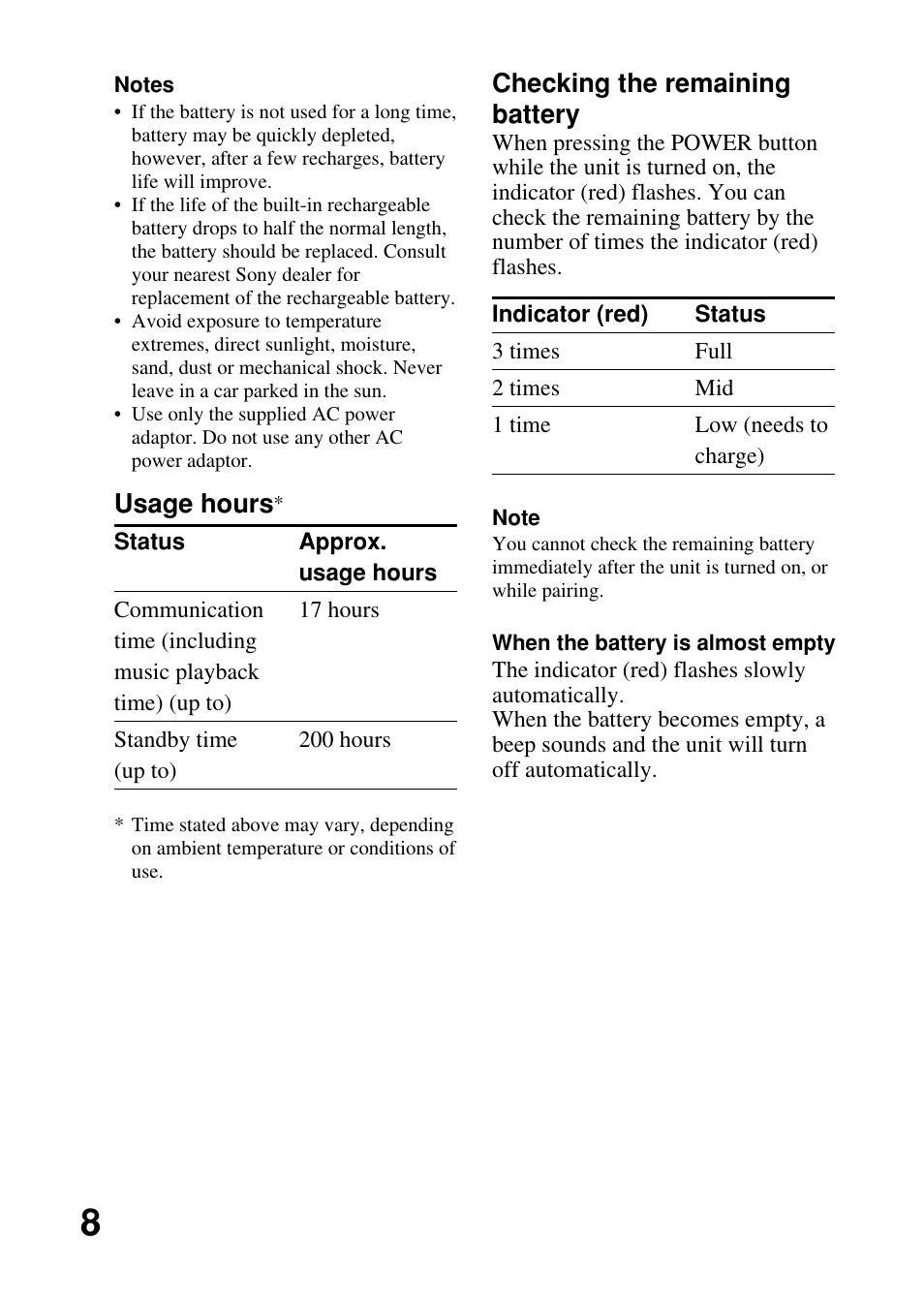 Checking the remaining battery, Usage hours | Sony DR-BT50 User Manual | Page 8 / 28