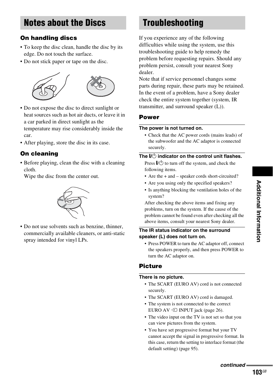 Notes about the discs, Troubleshooting, Notes about the discs troubleshooting | Sony DAV-LF1H User Manual | Page 103 / 127