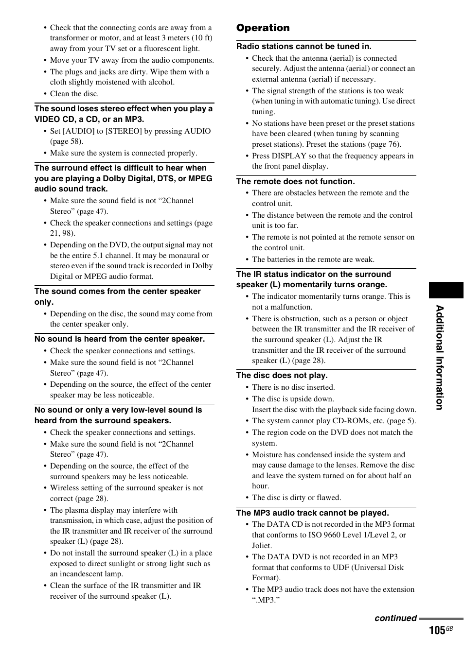 Ad dition al i n fo rm atio n, Operation | Sony DAV-LF1H User Manual | Page 105 / 127