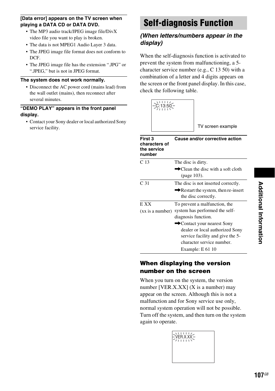 Self-diagnosis function, When letters/numbers appear in the display) | Sony DAV-LF1H User Manual | Page 107 / 127