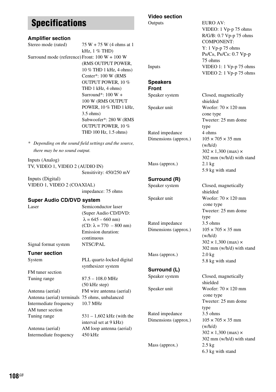 Specifications | Sony DAV-LF1H User Manual | Page 108 / 127